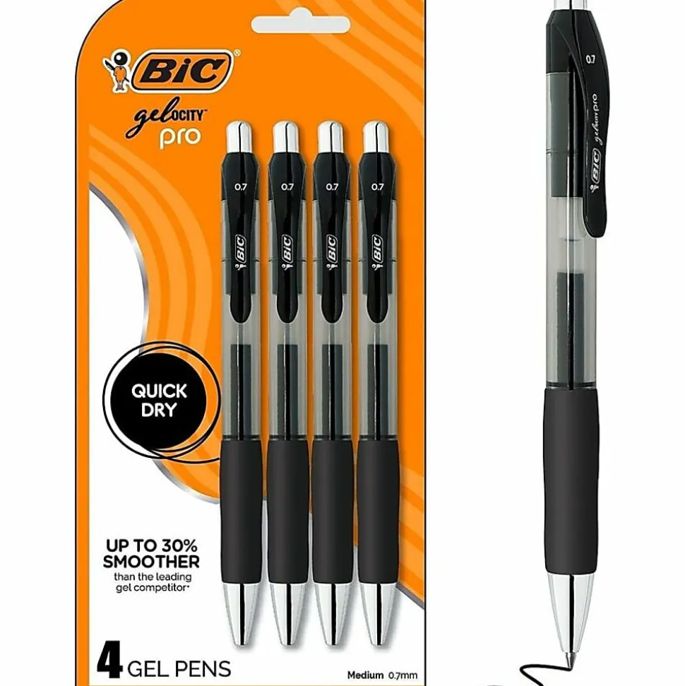 BIC Gelocity Pro Gel Pen, Retractable, Medium Point 0.7MM, Clear Barrel, Black Ink, Pack Of 4