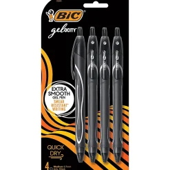 BIC Gelocity Quick-Dry Retractable Gel Pens, Medium Point, 0.7 mm, Black Barrel, Black Ink, Pack Of 4 Pens