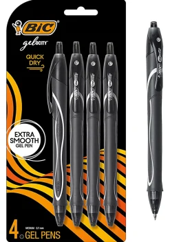 BIC Gelocity Quick-Dry Retractable Gel Pens, Medium Point, 0.7 mm, Black Barrel, Black Ink, Pack Of 4 Pens