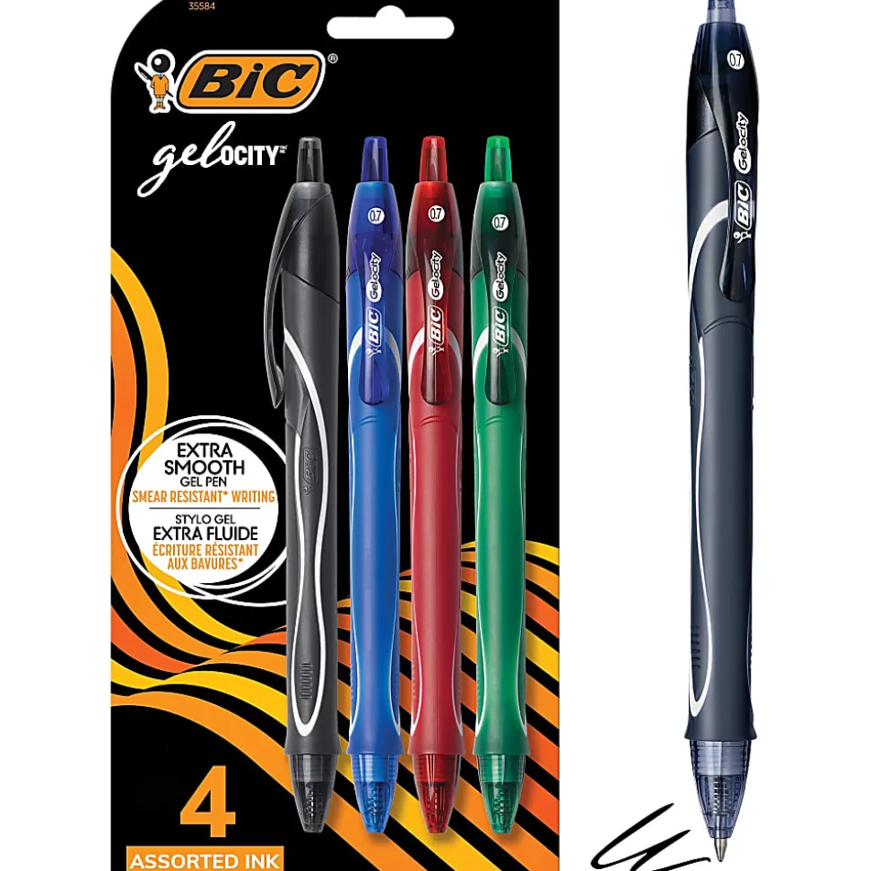 BIC Gelocity Quick-Dry Retractable Gel Pens, Medium Point, 0.7 mm, Assorted Barrel, Assorted Ink, Pack Of 4 Pens