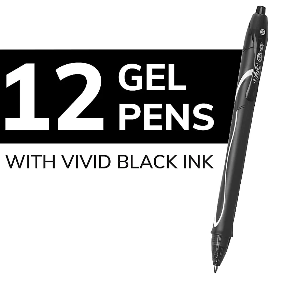 BIC Gelocity Quick Dry Retractable Gel Pens, Medium Point, 0.7 mm, Black Barrel, Black Ink, Pack Of 12