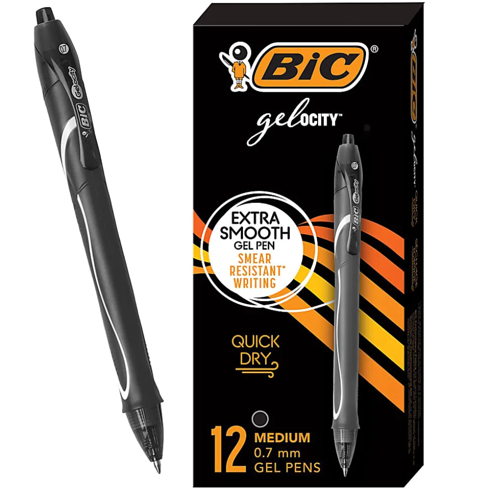 BIC Gelocity Quick Dry Retractable Gel Pens, Medium Point, 0.7 mm, Black Barrel, Black Ink, Pack Of 12