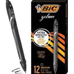 BIC Gelocity Quick Dry Retractable Gel Pens, Medium Point, 0.7 mm, Black Barrel, Black Ink, Pack Of 12