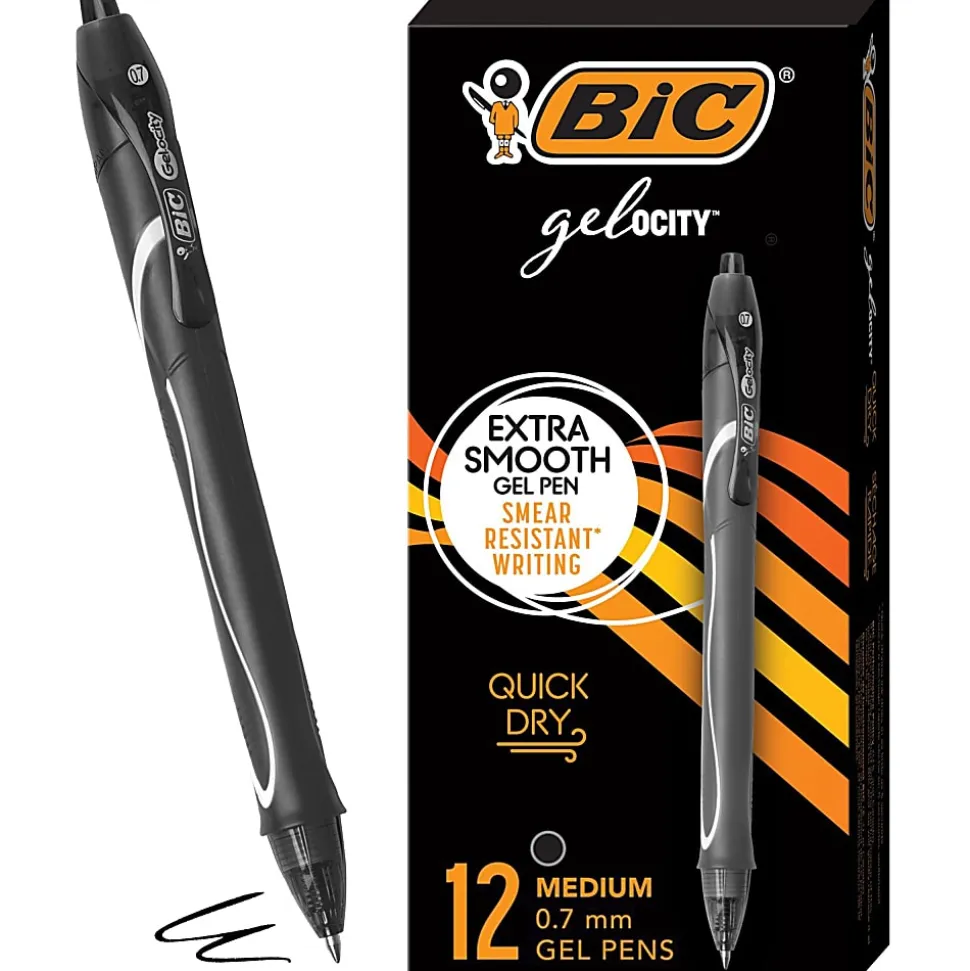 BIC Gelocity Quick Dry Retractable Gel Pens, Medium Point, 0.7 mm, Black Barrel, Black Ink, Pack Of 12