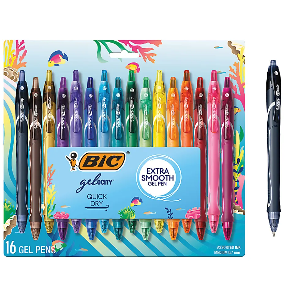 BIC Gelocity Quick Dry Retractable Gel Pens, Medium Point, 0.7MM, Assorted Colors, Pack of 16