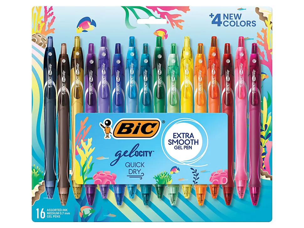 BIC Gelocity Quick Dry Retractable Gel Pens, Medium Point, 0.7MM, Assorted Colors, Pack of 16