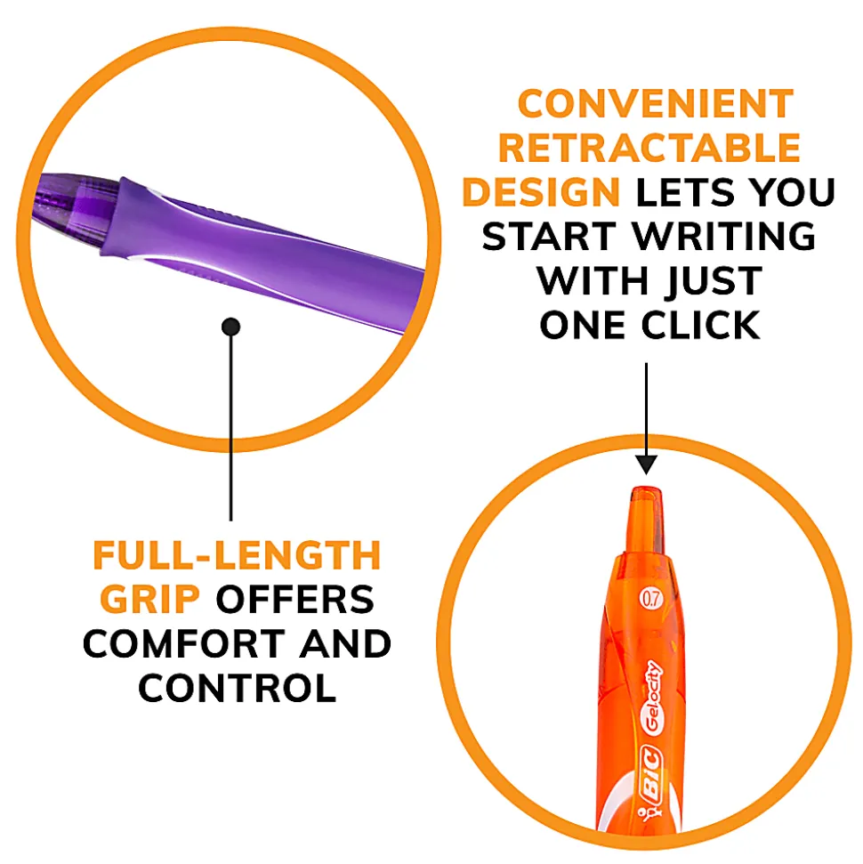 BIC Gelocity Quick Dry Retractable Gel Pens, Medium Point, 0.7MM, Assorted Colors, Pack of 16