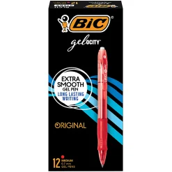 BIC Gelocity Retractable Gel Ink Pens, Medium Point, 0.7 mm, Red Barrel, Red Ink, Pack Of 12
