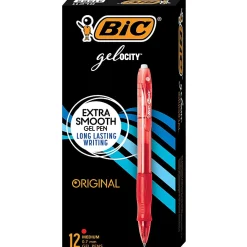 BIC Gelocity Retractable Gel Ink Pens, Medium Point, 0.7 mm, Red Barrel, Red Ink, Pack Of 12