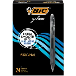 BIC Gelocity Retractable Gel Pens, Medium Point, 0.7 mm, Translucent Barrel, Black Ink, Pack Of 24