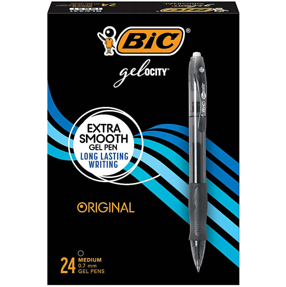 BIC Gelocity Retractable Gel Pens, Medium Point, 0.7 mm, Translucent Barrel, Black Ink, Pack Of 24