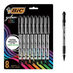 BIC Gelocity Stic Gel Pens, Medium Point, 0.7 mm, Clear Barrel, Black Ink, Pack of 8 Pens