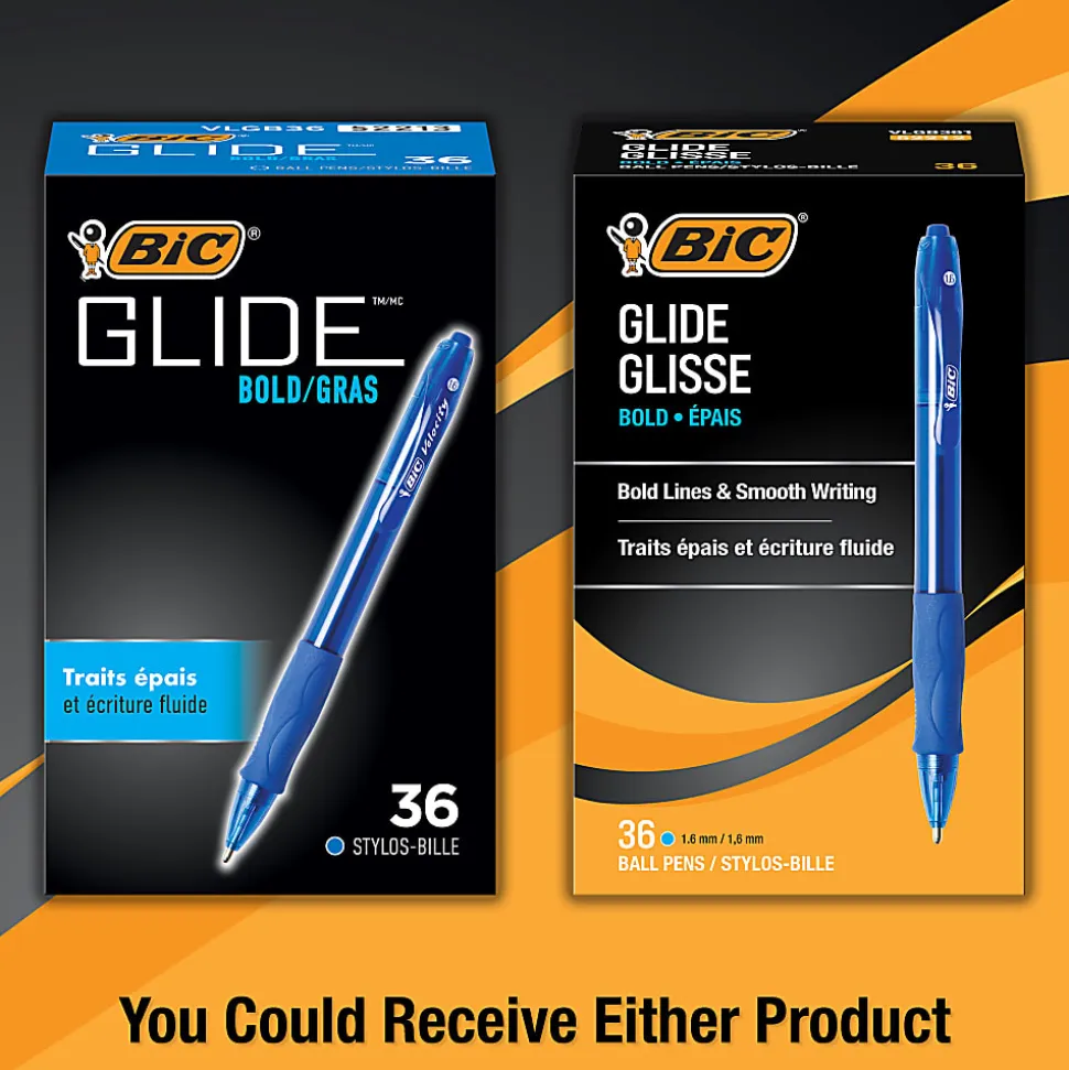 BIC Glide Bold Ballpoint Pens, Bold Point, 1.6 mm, Translucent Barrel, Blue Ink, Pack Of 36