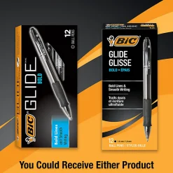 BIC Glide Bold Ballpoint Pens, Bold Point, 1.6 mm, Translucent Barrel, Black Ink, Pack Of 12 Pens