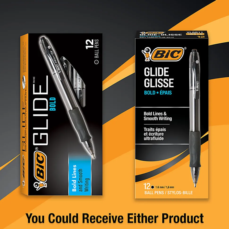 BIC Glide Bold Ballpoint Pens, Bold Point, 1.6 mm, Translucent Barrel, Black Ink, Pack Of 12 Pens