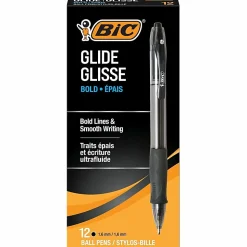BIC Glide Bold Ballpoint Pens, Bold Point, 1.6 mm, Translucent Barrel, Black Ink, Pack Of 12 Pens