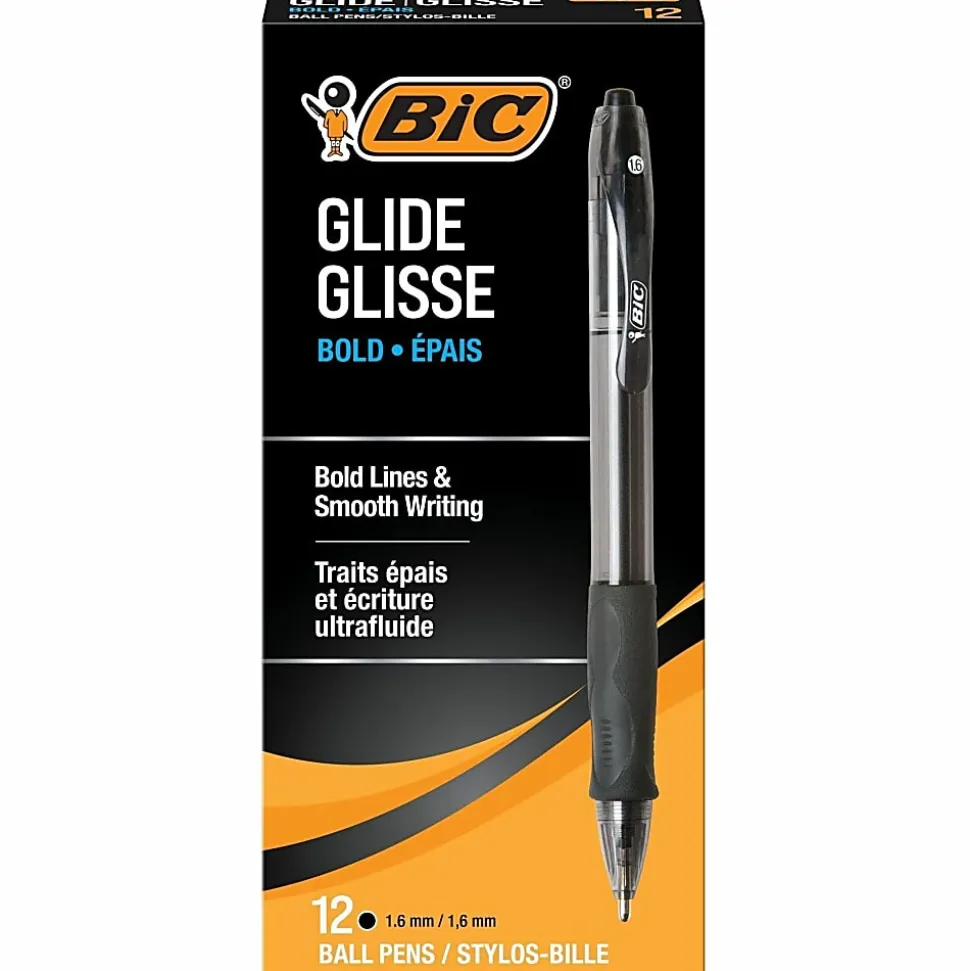 BIC Glide Bold Ballpoint Pens, Bold Point, 1.6 mm, Translucent Barrel, Black Ink, Pack Of 12 Pens