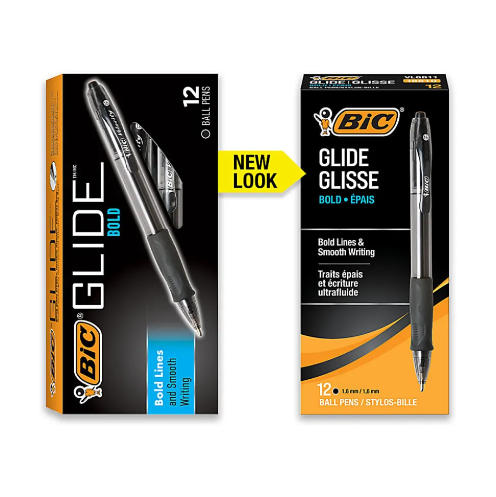BIC Glide Bold Ballpoint Pens, Bold Point, 1.6 mm, Translucent Barrel, Black Ink, Pack Of 12 Pens