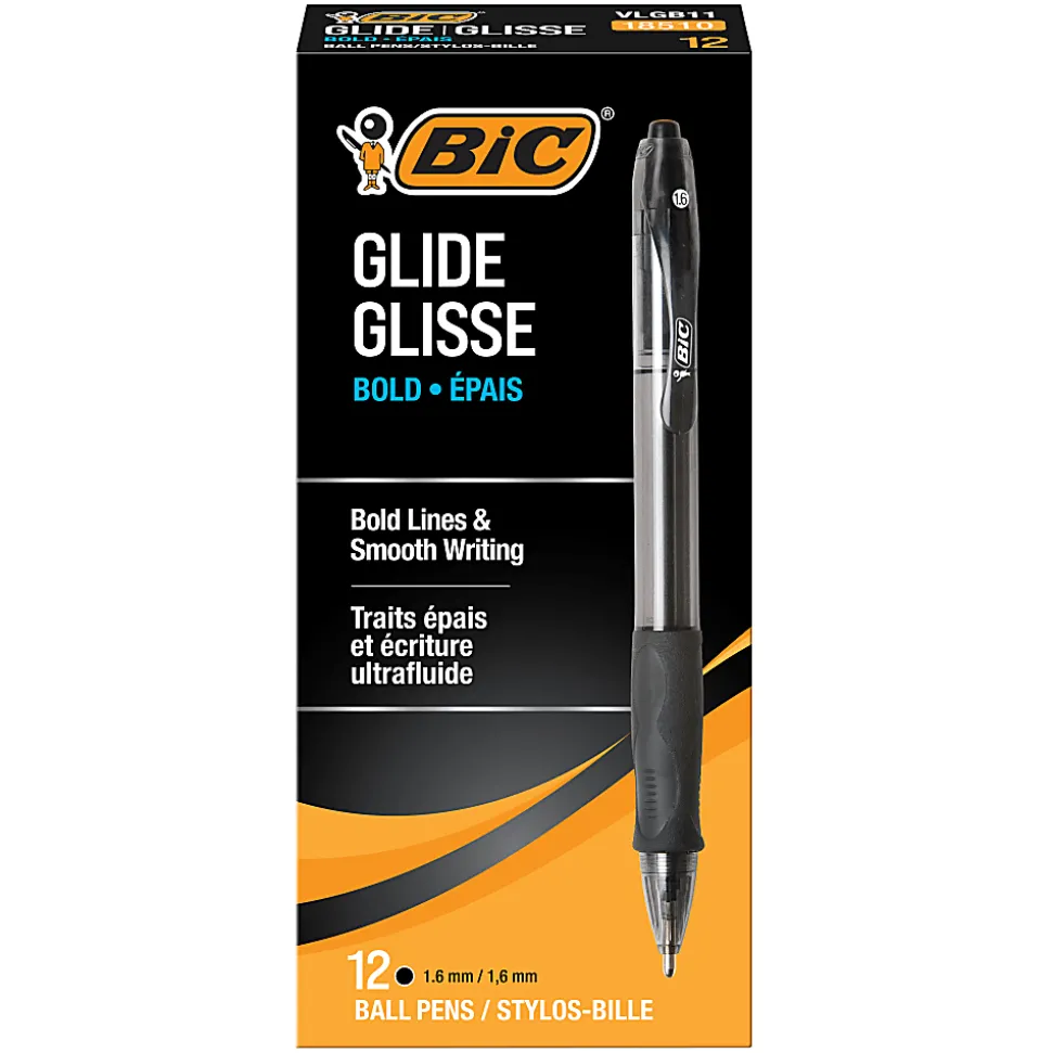 BIC Glide Bold Ballpoint Pens, Bold Point, 1.6 mm, Translucent Barrel, Black Ink, Pack Of 12 Pens
