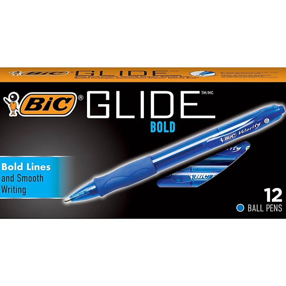 BIC® Glide Bold Ballpoint Pens, Bold Point, 1.6 mm, Translucent Barrel, Blue Ink, Pack Of 12 Pens