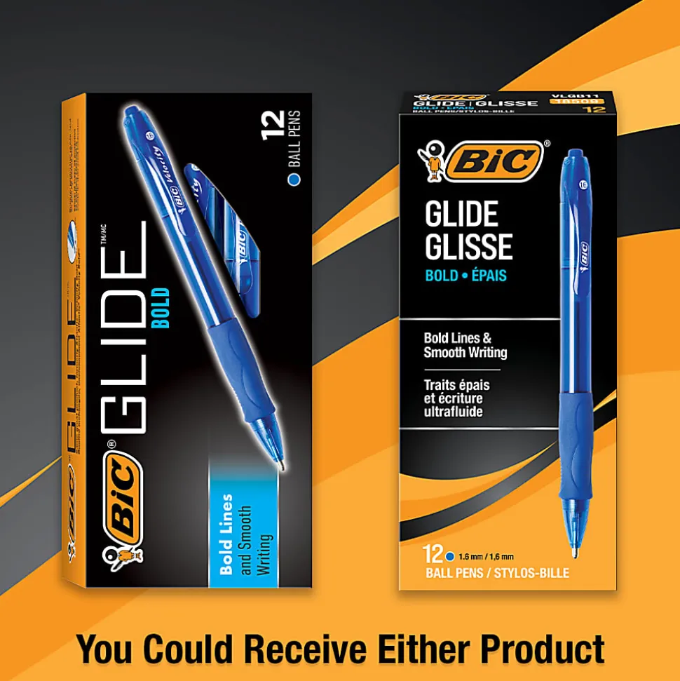 BIC® Glide Bold Ballpoint Pens, Bold Point, 1.6 mm, Translucent Barrel, Blue Ink, Pack Of 12 Pens