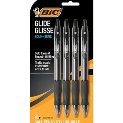 BIC Glide Bold Retractable Ballpoint Pens, Bold Point, 1.6 mm, Translucent Barrel, Black Ink, Pack Of 4 Pens