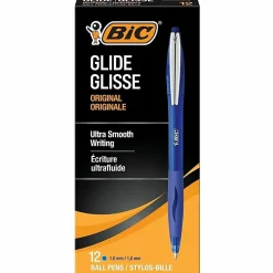 BIC® Glide™ Retractable Ballpoint Pens, Medium Point, 1.0 mm, Clear Barrel, Blue Ink, Pack Of 12