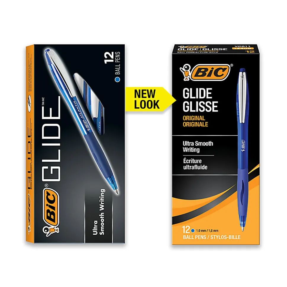 BIC® Glide™ Retractable Ballpoint Pens, Medium Point, 1.0 mm, Clear Barrel, Blue Ink, Pack Of 12