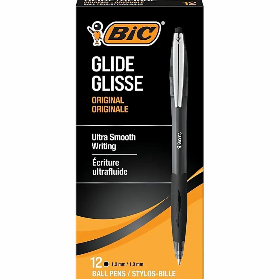 BIC Glide Retractable Ballpoint Pens, Medium Point, 1.0 mm, Clear Barrel, Black Ink, Pack Of 12