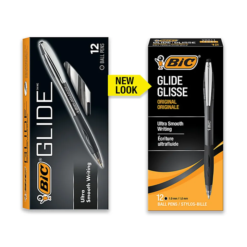 BIC Glide Retractable Ballpoint Pens, Medium Point, 1.0 mm, Clear Barrel, Black Ink, Pack Of 12