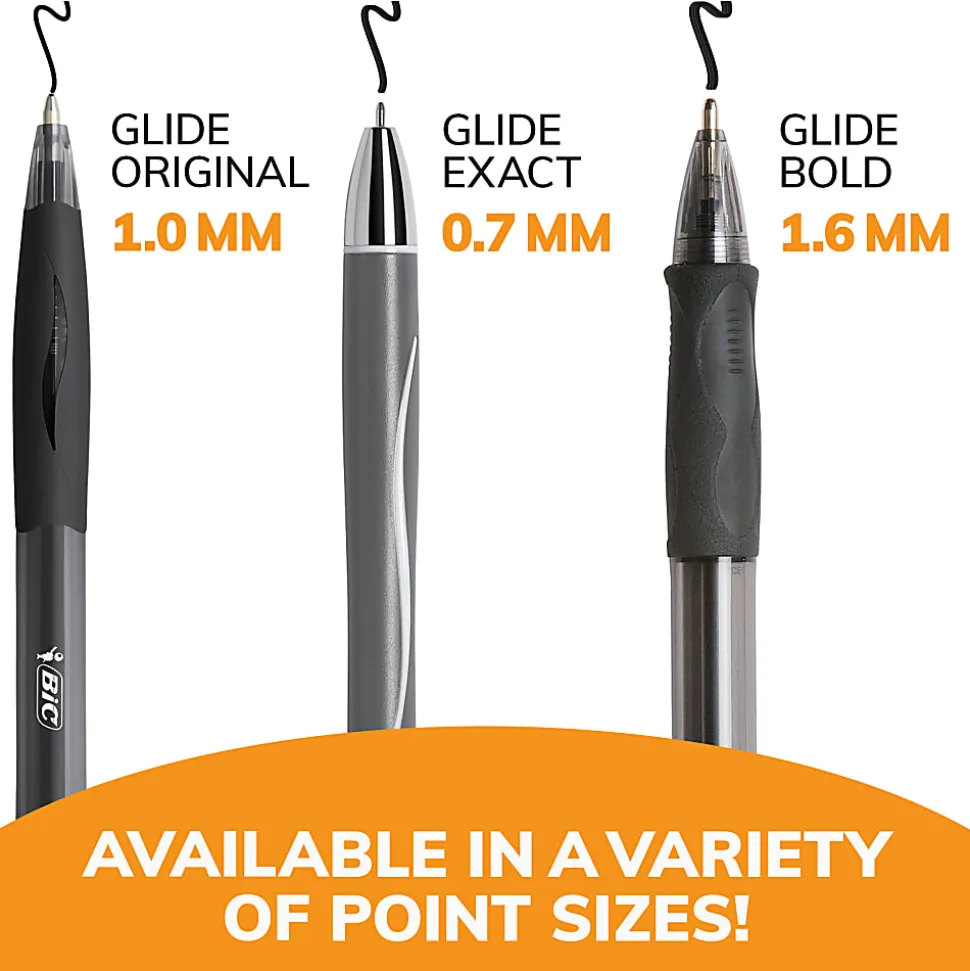 BIC Glide Retractable Ballpoint Pens, Medium Point, 1.0 mm, Clear Barrel, Black Ink, Pack Of 12