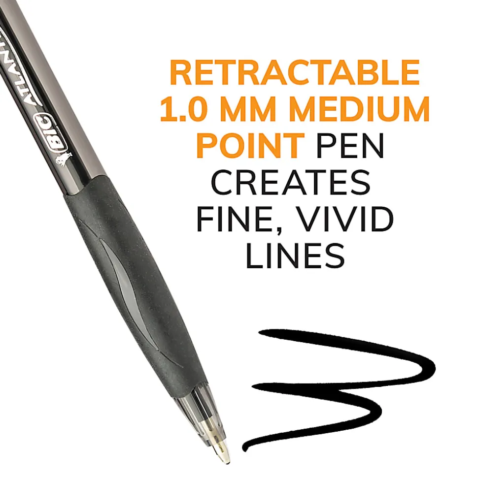BIC Glide Retractable Ballpoint Pens, Medium Point, 1.0 mm, Clear Barrel, Black Ink, Pack Of 12