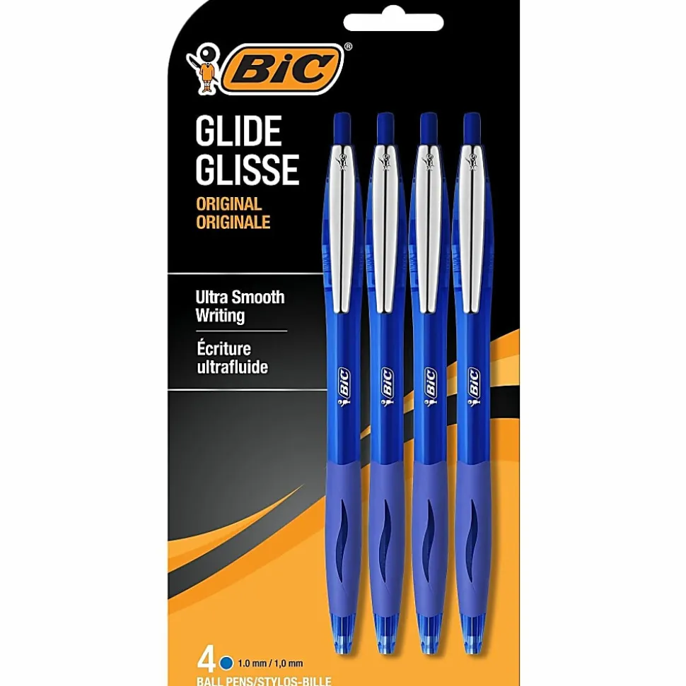 BIC® Glide Retractable Ballpoint Pens, Medium Point, 1.0 mm, Blue Barrel, Blue Ink, Pack Of 4 Pens