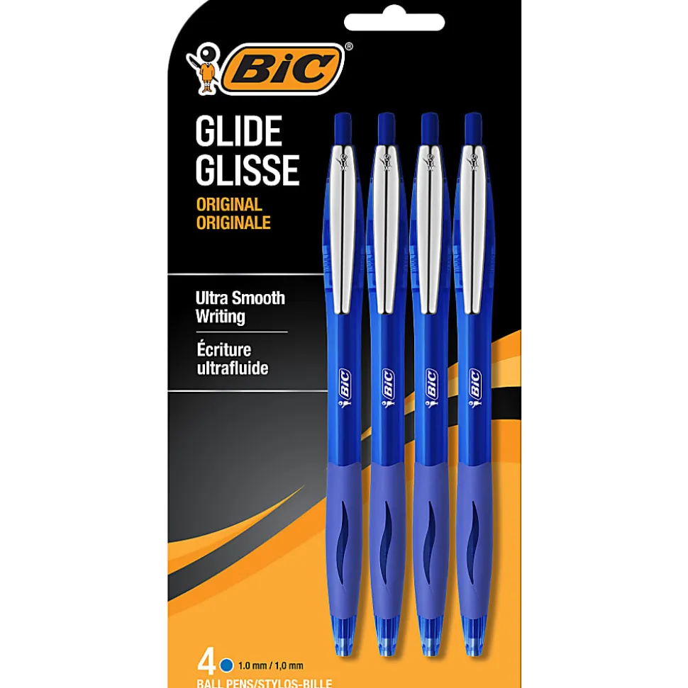 BIC® Glide Retractable Ballpoint Pens, Medium Point, 1.0 mm, Blue Barrel, Blue Ink, Pack Of 4 Pens