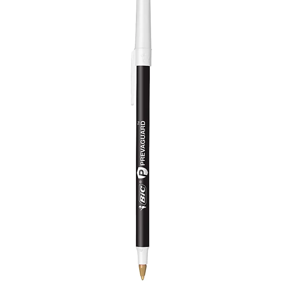BIC® Prevaguard Round Stic Pens With Antimicrobial Additive, Medium Point, 1.0 mm, Black Barrel, Black Ink, Set Of 12 Pens