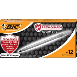 BIC® Prevaguard Round Stic Pens With Antimicrobial Additive, Medium Point, 1.0 mm, Black Barrel, Black Ink, Set Of 12 Pens