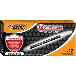 BIC® Prevaguard Round Stic Pens With Antimicrobial Additive, Medium Point, 1.0 mm, Black Barrel, Black Ink, Set Of 12 Pens