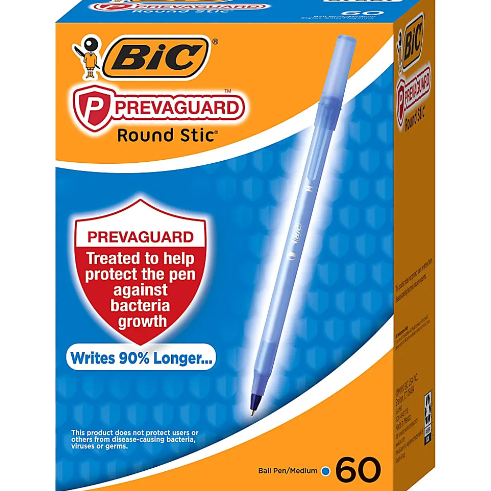 BIC® Prevaguard Round Stic Pens With Antimicrobial Additive, Medium Point, 1.0 mm, Blue Barrel, Blue Ink, Pack Of 60 Pens