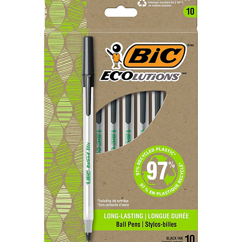 BIC® ReVolution Round Stic Pens, Medium Point, 1.0 mm, 74% Recycled, Semi-Clear Barrel, Black Ink, Pack Of 10 Pens