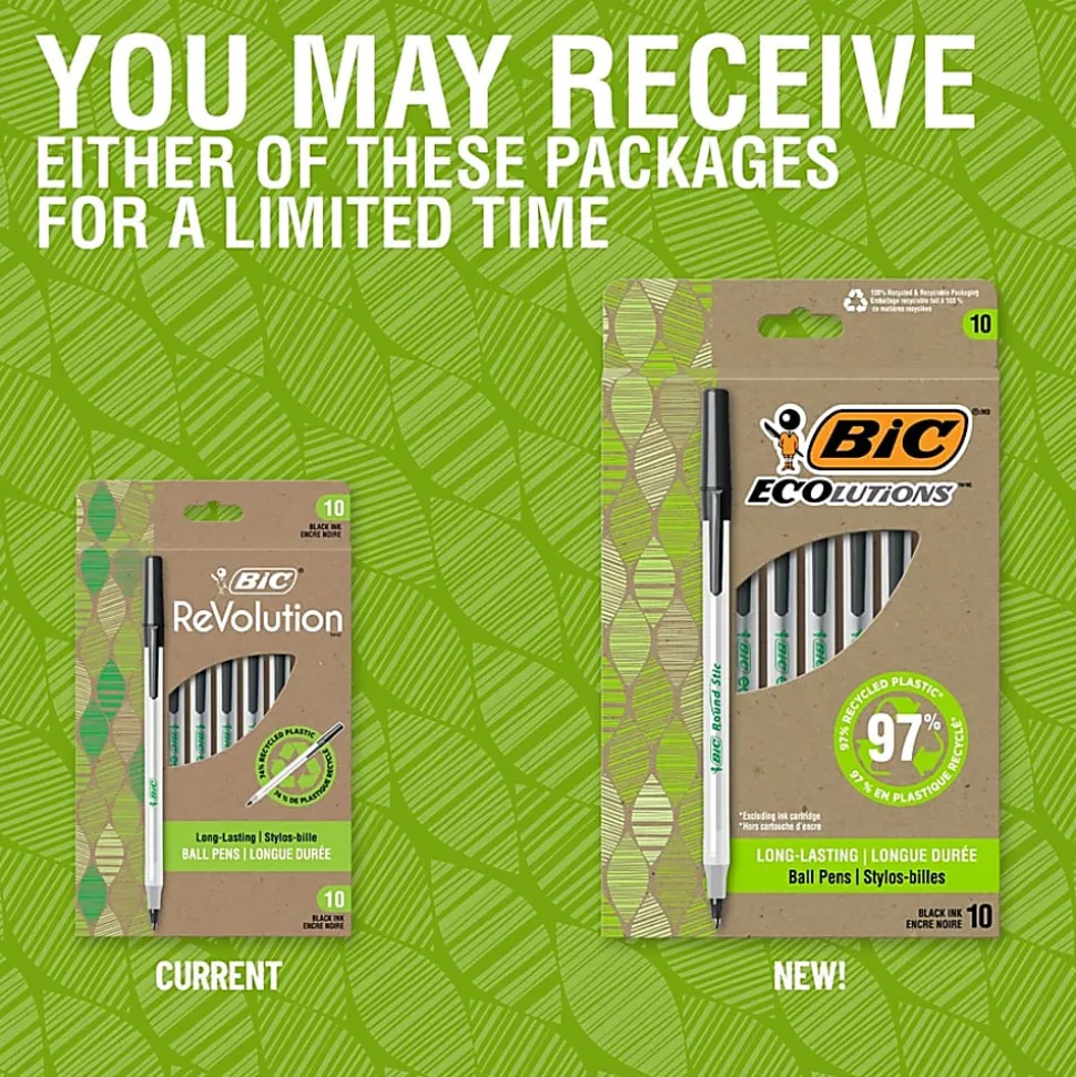 BIC® ReVolution Round Stic Pens, Medium Point, 1.0 mm, 74% Recycled, Semi-Clear Barrel, Black Ink, Pack Of 10 Pens