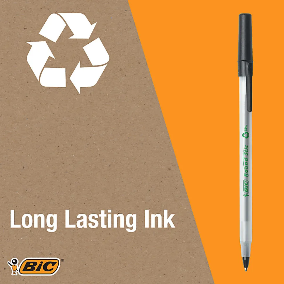 BIC® ReVolution Round Stic Pens, Medium Point, 1.0 mm, 74% Recycled, Semi-Clear Barrel, Black Ink, Pack Of 10 Pens