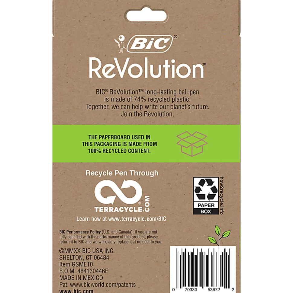 BIC® ReVolution Round Stic Pens, Medium Point, 1.0 mm, 74% Recycled, Semi-Clear Barrel, Black Ink, Pack Of 10 Pens