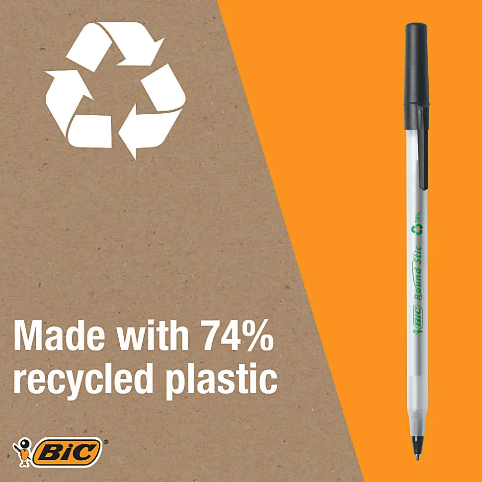 BIC® ReVolution Round Stic Pens, Medium Point, 1.0 mm, 74% Recycled, Semi-Clear Barrel, Black Ink, Pack Of 10 Pens