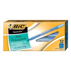 BIC® Round Stic® Ballpoint Pens, Fine Point, 0.8 mm, Translucent Barrel, Blue Ink, Pack Of 12