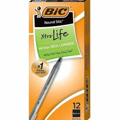 BIC Round Stic Ballpoint Pens, Medium Point, 1.0 mm, Translucent Barrel, Black Ink, Pack Of 12