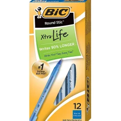 BIC Round Stic Ballpoint Pens, Medium Point, 1.0 mm, Translucent Barrel, Blue Ink, Pack Of 12