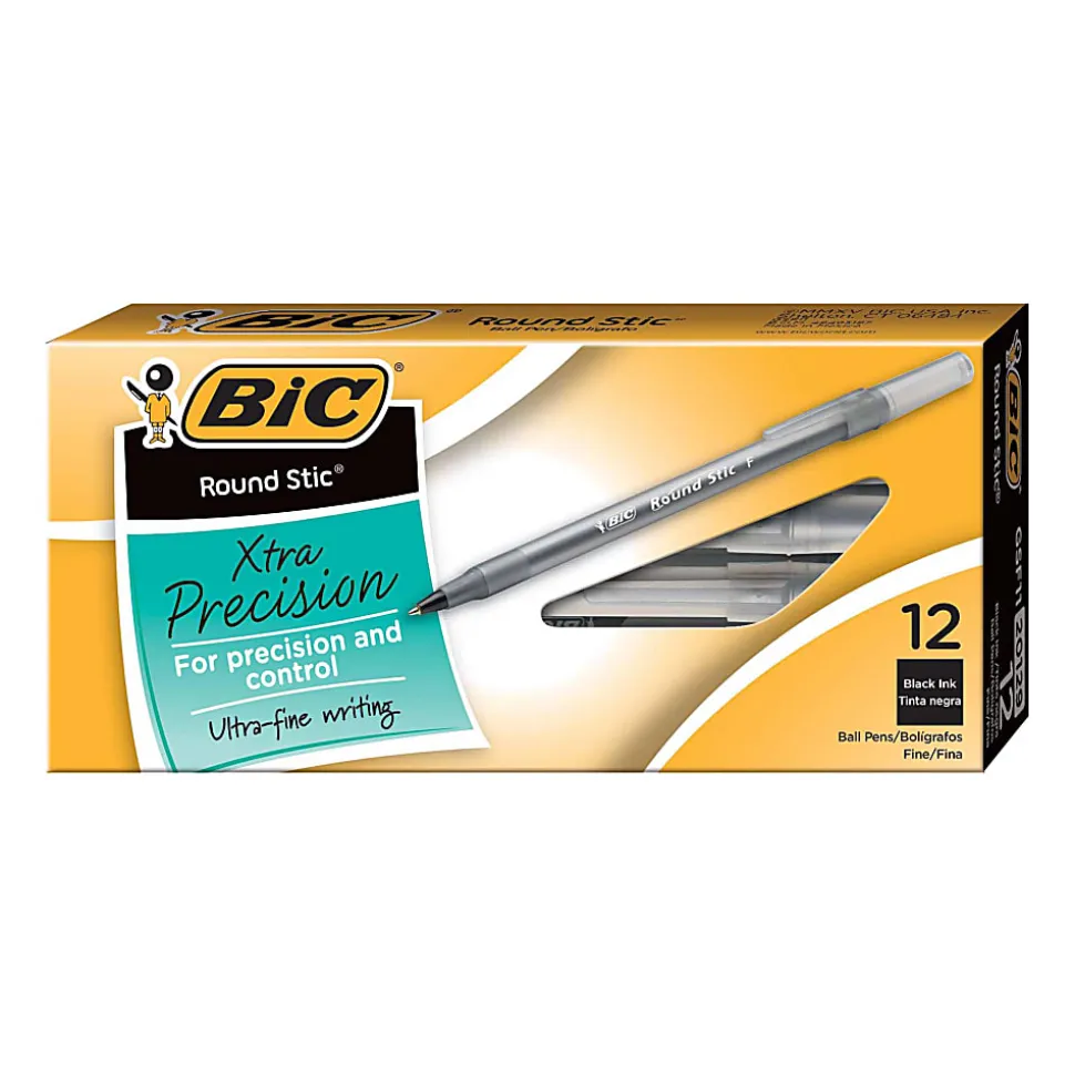 BIC® Round Stic® Ballpoint Pens, Fine Point, 0.8 mm, Translucent Barrel, Black Ink, Pack Of 12