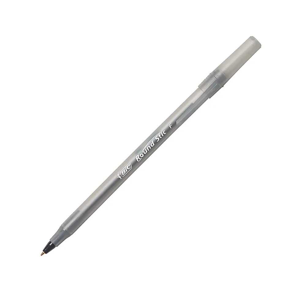 BIC® Round Stic® Ballpoint Pens, Fine Point, 0.8 mm, Translucent Barrel, Black Ink, Pack Of 12