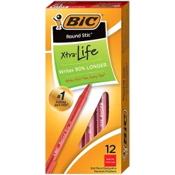 BIC Round Stic Ballpoint Pens, Medium Point, 1.0 mm, Translucent Barrel, Red Ink, Pack Of 12
