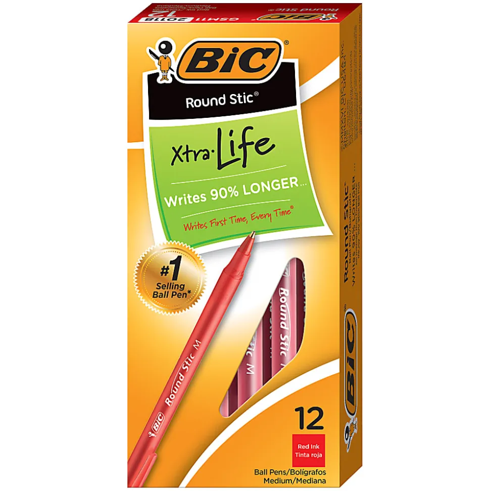 BIC Round Stic Ballpoint Pens, Medium Point, 1.0 mm, Translucent Barrel, Red Ink, Pack Of 12